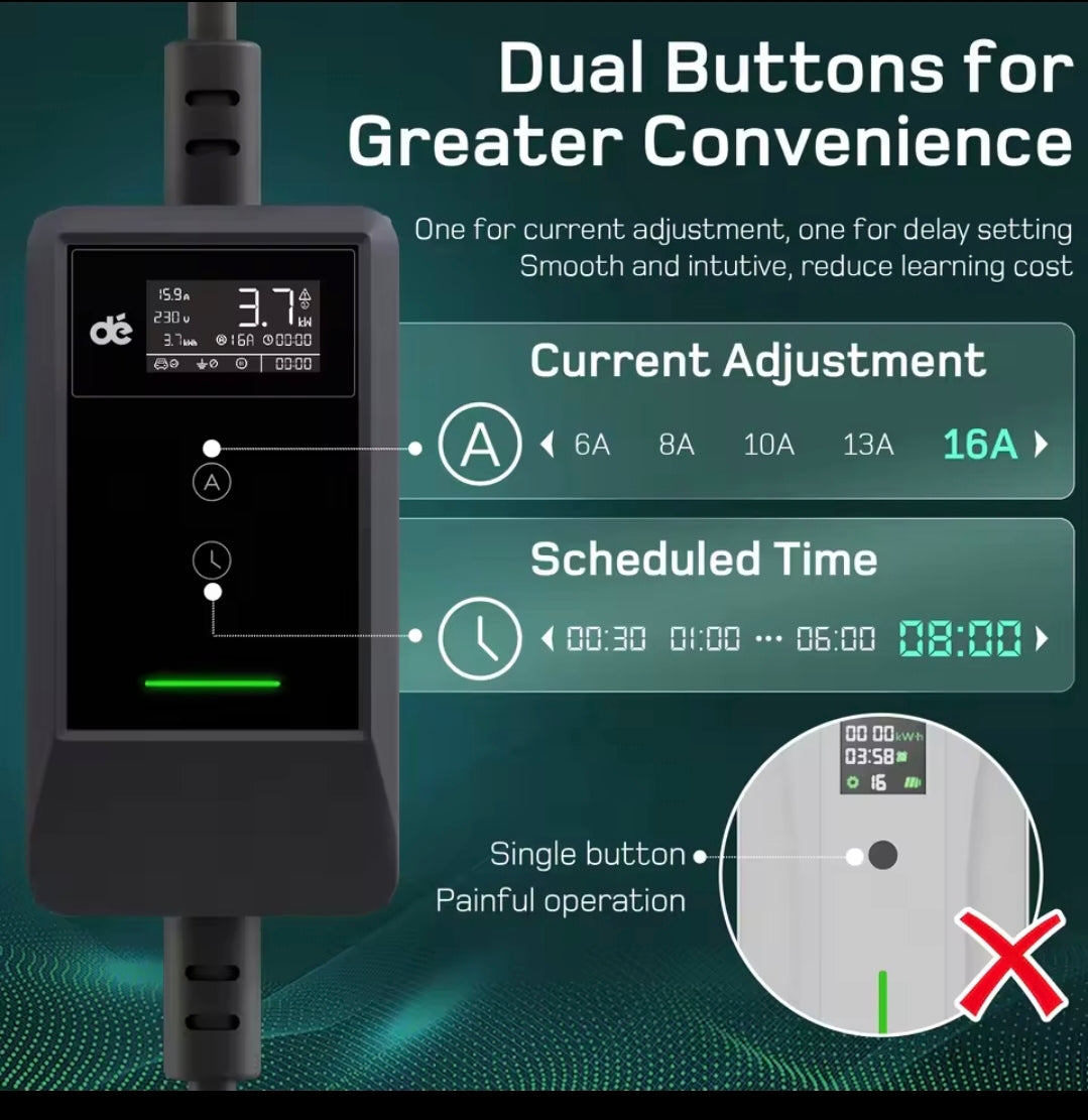 Dé EV Oplader 3.7kW | Schuko | Type 2 | Draagbaar | Instelbaar 6A-16A | 7-25m kabel