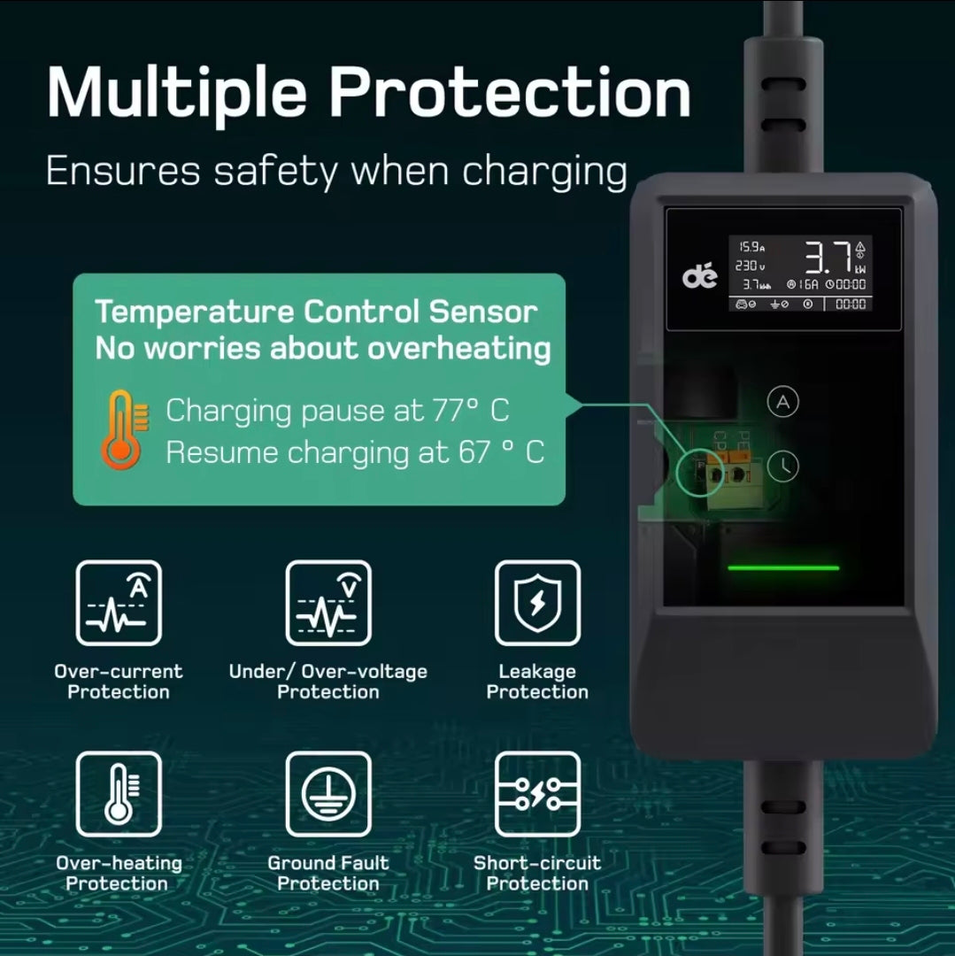 Dé EV Oplader 3.7kW | Schuko | Type 2 | Draagbaar | Instelbaar 6A-16A | 7-25m kabel