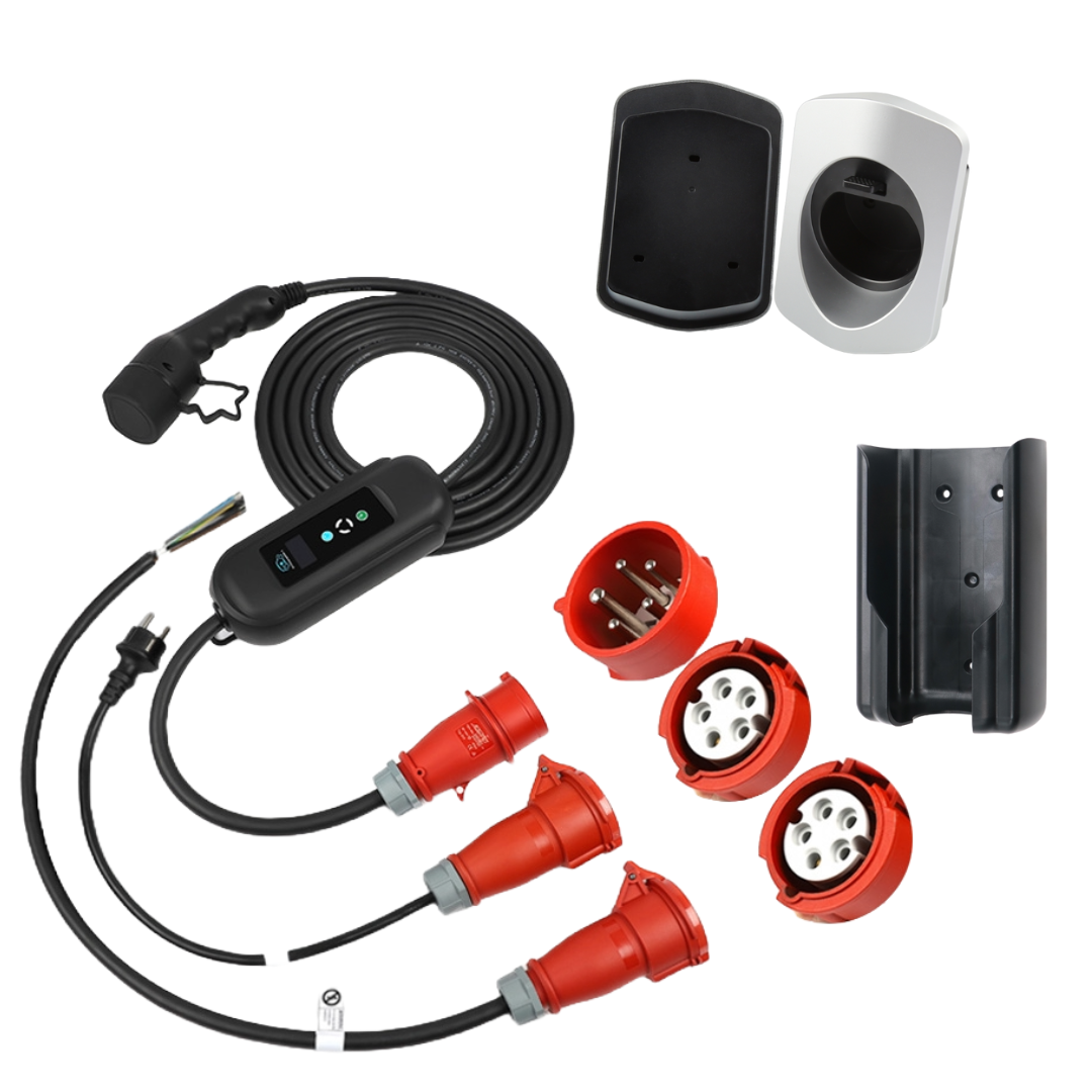 Mobiele 11kW EV-lader aangesloten op elektrische auto via CEE